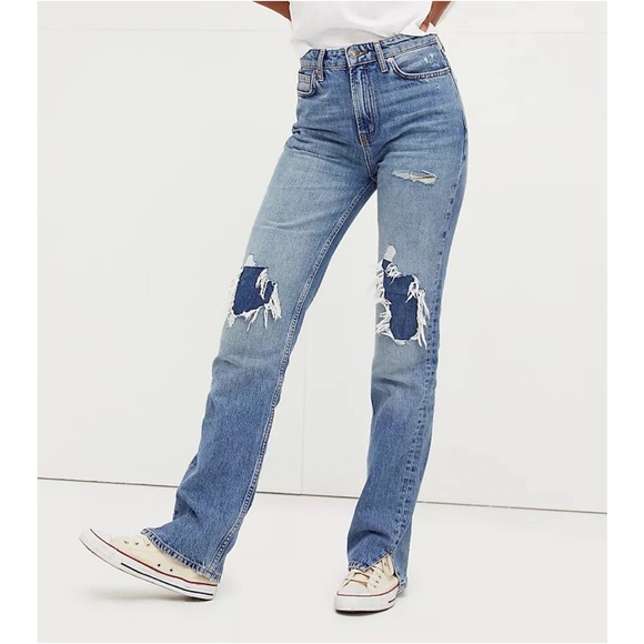 Free People Denim - Free People My Own Lane Jeans Straight Leg High Rise Distressed Patch Blue